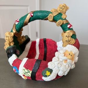 Vintage 90s Christmas Santa Teddy Candy Bowl Basket Dish Holiday Home Decor